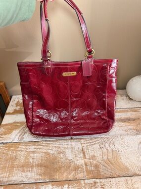 Coach Red Patent Leather Signature Tote